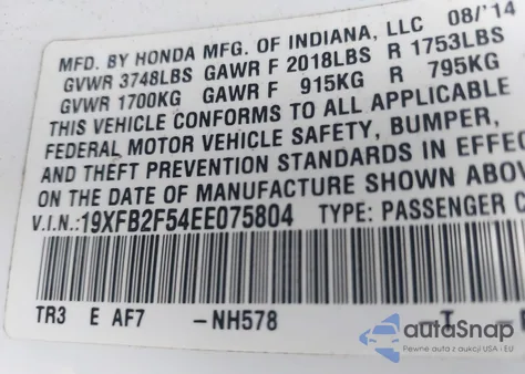 2014 Honda Civic Lx from USA, damaged, VIN 19XFB2F54EE075804